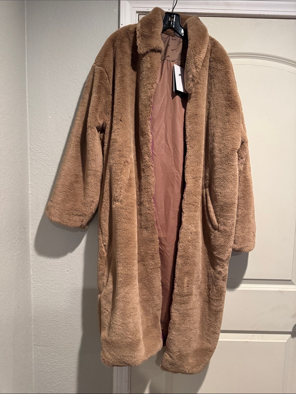 Nike Women's Camel Teddy Faux-Fur Long Coat